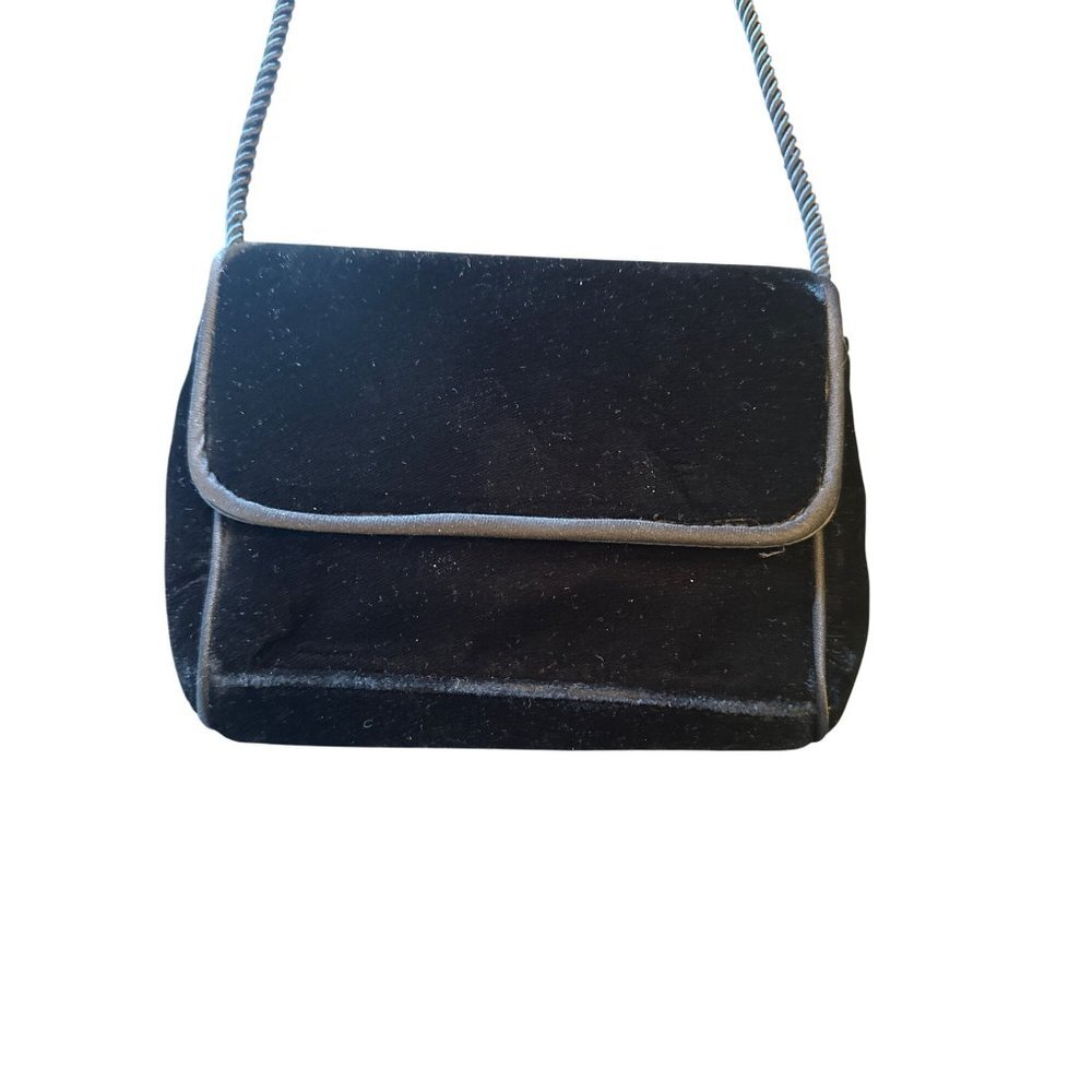 Jessica McClintock Black Velvet Mini Shoulder Bag With Snap Closure & Rope Strap - Picture 2 of 5
